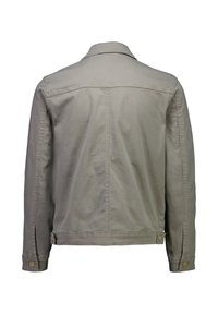 Szara kurtka dżinsowa z kołnierzem, zapinanymi na guziki mankietami oraz prostym krojem, charakteryzująca się gładką teksturą i minimalistycznym designem.