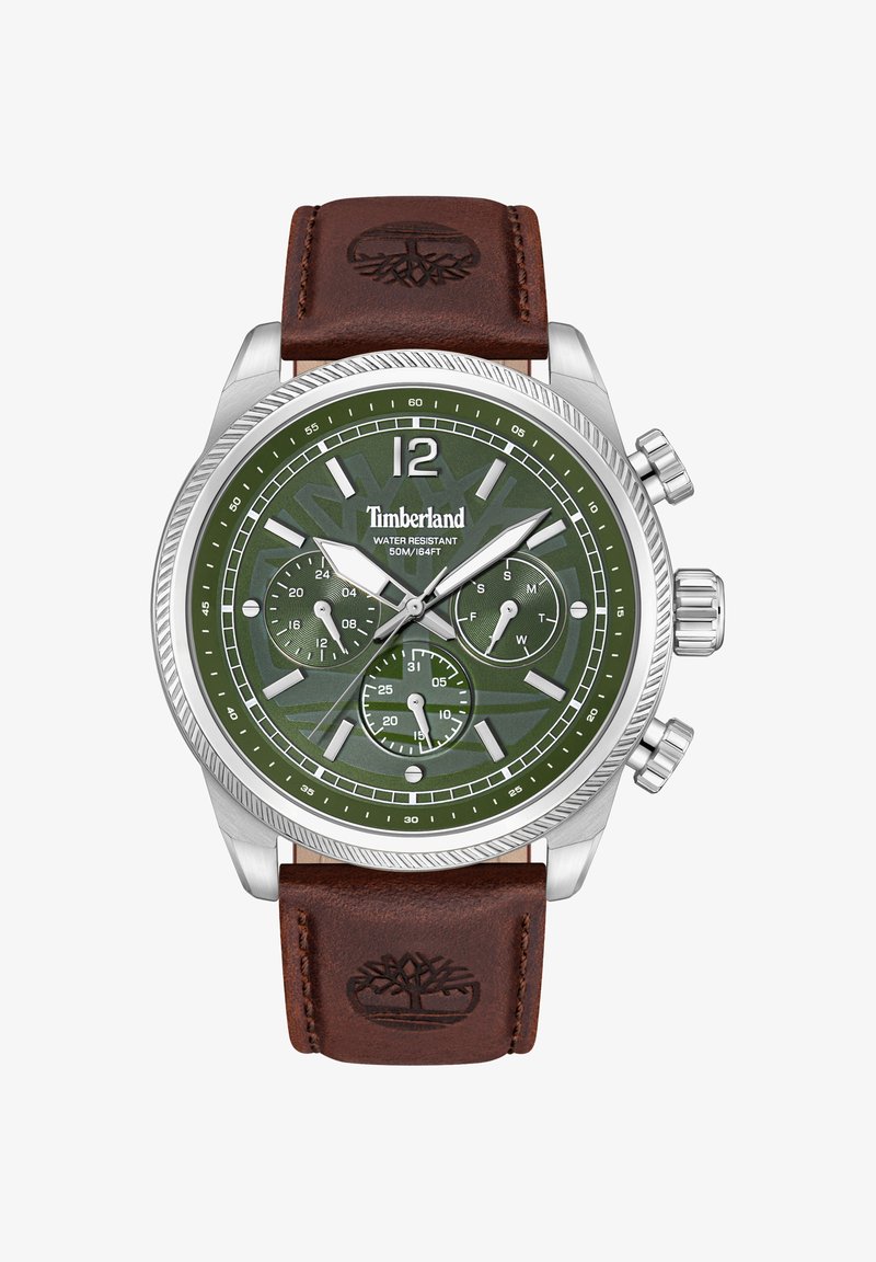 Hodinky Timberland so zeleným ciferníkom, striebornými ukazovateľmi, tromi subciferníkmi, strieborným puzdrom a hnedým koženým remienkom s reliéfnym logom stromu.