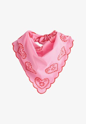 Pink scarf with red embroidered heart patterns and scalloped edges, folded and tied in a loose knot.