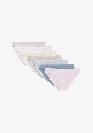 Siedem par damskich majtek bikini z bawełny w pastelowych odcieniach, starannie ułożonych w wachlarz na białym tle.