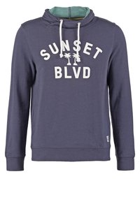 Granatowy sweatshirt z wysokim kołnierzem, biały nadruk "SUNSET BLVD" oraz grafika palm. Posiada długie rękawy i luźny fason.