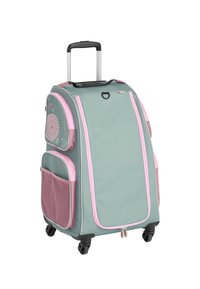 Miękki, miękkostronny walizka na kółkach w mięcie zielonym z różowymi akcentami, wyposażona w wiele przegródek, gładkie kółka i wysuwany uchwyt.