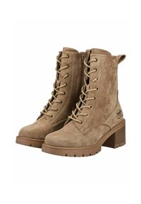 Braune Wildleder-Ankle-Boots mit Schnürung, dekorativen Nähten, seitlichem Reißverschluss und blockigem Absatz. Gummisohle mit strukturiertem Profil.