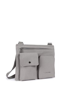 Borsa a tracolla in tessuto grigio con tracolla regolabile, dotata di un compartimento principale con zip e due tasche frontali con chiusura a pressione e zip.