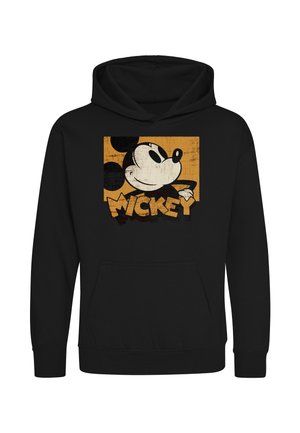 Sort hættetrøje med vintage-stil grafik af Mickey Mouse-ansigtet og ordet "MICKEY" med fed skrift foran.