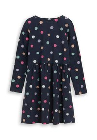 Donkerblauwe jurk met lange mouwen en een kleurrijk stippenpatroon in roze, groen, zilver en brons. Heeft een geplooid rokgedeelte voor volumineus effect.