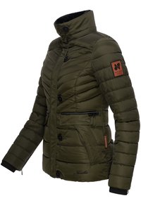 Olive green puffer jacket with a high collar, horizontal quilted design, black buttons, two zip pockets, and a logo patch on the sleeve.