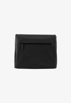 Black rectangular bag made of smooth material, featuring a front zipper pocket and embossed logo. Minimalist design with no visible hardware accents.