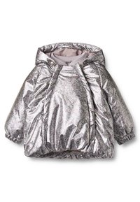 Metalická stříbrná péřová bunda s kapucí, pružnými manžetami a květinovým vzorem. Obsahuje patentky a měkkou vnitřní podšívku. Jednoduchý design.