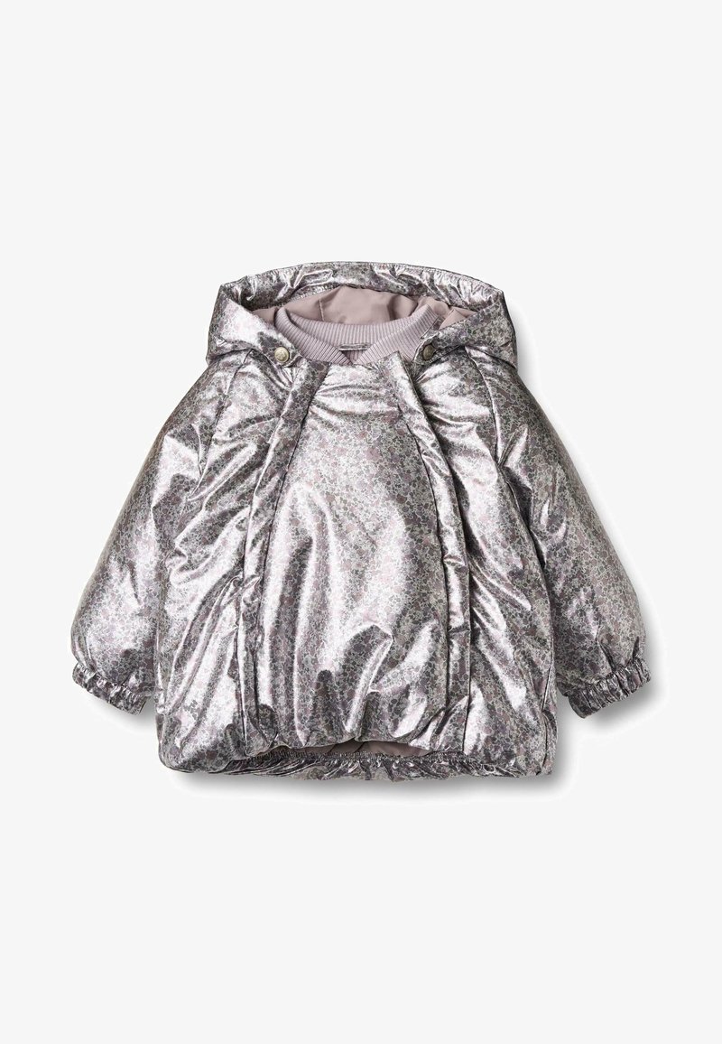 Giacca puffy argento metallico con cappuccio, polsini elasticizzati e motivo floreale. Caratterizzata da chiusure a scatto e una morbida fodera interna. Design semplice.