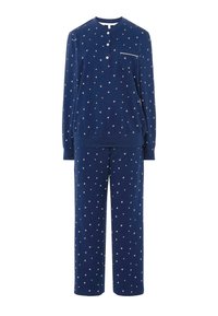 Conjunto de pijama azul marino con un patrón de estrellas. Mangas largas, cuello redondo con dos botones y pantalones rectos a juego. Tejido suave y texturizado.