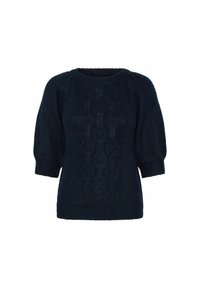 Marineblauer gestrickter Pullover mit kurzen Puffärmeln, der ein strukturiertes Rautenmuster und einen runden Halsausschnitt aufweist. Weiche, dicke Wolle.