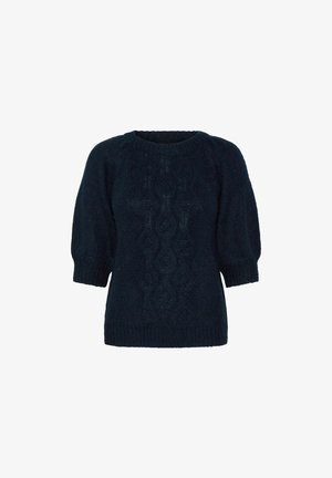 Sötétkék kötött pulóver rövid puffujjakkal, texturált gyémántmintával és kerek dekoltázzsal. Puha, vastag fonal.