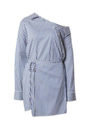 Blauw-wit gestreept shirt, lichtgewicht stof, één-schouder ontwerp, lange mouwen, gestrikt taille detail, knopen op de kraag.