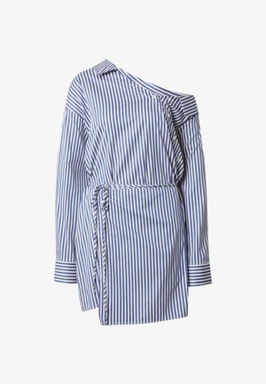 Blauw-wit gestreept shirt, lichtgewicht stof, één-schouder ontwerp, lange mouwen, gestrikt taille detail, knopen op de kraag.