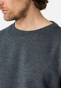 Gray cotton sweatshirt with a round neckline, textured fabric, and visible stitching detail along the collar.