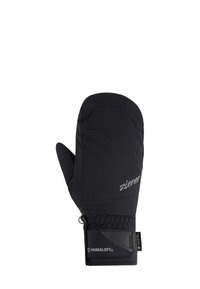 Schwarze isolierte Handschuh mit einem gesteppten Design, Primaloft-Isolierung und einem ledernen Handgelenkriemen mit einem Haken. Logo und Etikett sichtbar.