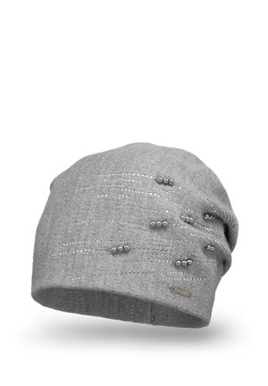Grijze gebreide beanie met een slouchy ontwerp, voorzien van zilveren kraalaccenten en subtiele gestikte patronen. Zachte textuur met een relaxte pasvorm.