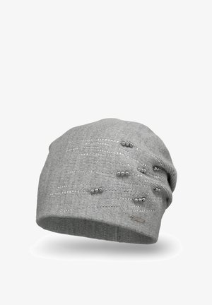 Grå strikket hue med en slouchy design, der har sølvperle accenter og subtile syede mønstre. Blød tekstur med en afslappet pasform.