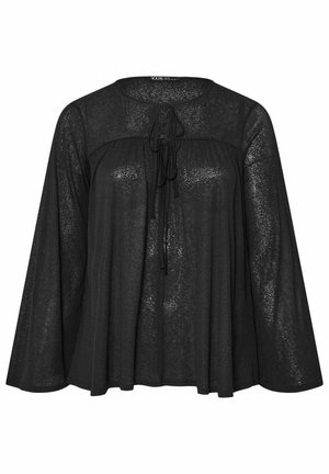 Zwarte doorschijnende losvallende blouse met lange mouwen, een ronde halslijn en striklinten aan de voorkant, met een inzetstuk over de borst.