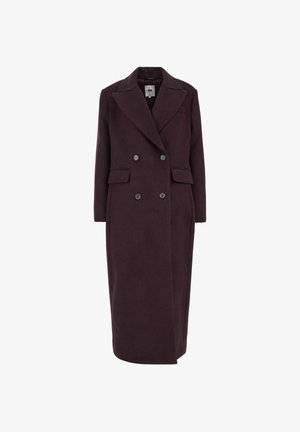 Doppelt breiter Wollmantel in tiefburgunderrot mit großen Knöpfen, Reverskragen und zwei vorderen Taschen, der eine lange, gerade Silhouette bietet.