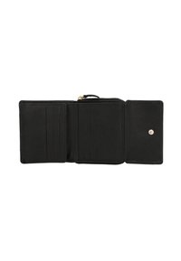 Cartera de cuero negro con acabado texturizado. Cuenta con múltiples ranuras para tarjetas, un compartimento con cremallera y un cierre a presión. Diseño compacto.