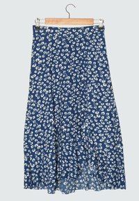 Jupe évasée de longueur genou en tissu bleu marine avec un motif floral blanc. Présente un design plissé et une taille élastique.