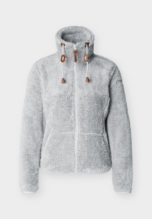 Veste polaire gris clair à fermeture éclair avec col montant, cordons de serrage blancs, boutonnières marron et poches avant, présentée sur fond blanc.