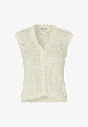 Fehér kötött ujjatlan mellény hullámos nyakkivágással, gombos elülső záródással és ferde vonalakat ábrázoló texturált mintával.