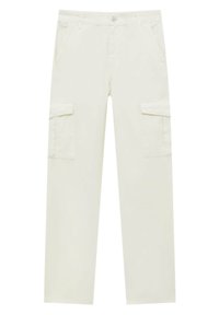 Pantalon cargo blanc avec deux poches latérales, deux poches sur les cuisses, une fermeture éclair et une coupe droite, fabriqué à partir d'un matériau léger.