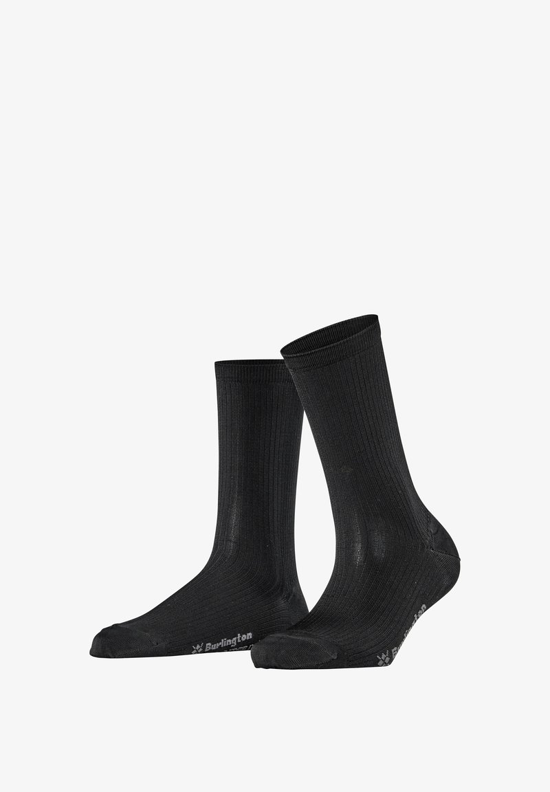 Paire de chaussettes montantes noires à côtes avec bouts renforcés et logo "Burlington" gris sur la semelle, présentées debout sur un fond blanc.