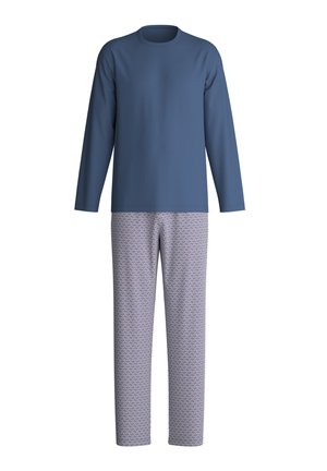 Haut à manches longues et col rond en bleu marine avec un pantalon de pyjama à motif présentant un design en losanges rouges et bleus sur un fond clair.