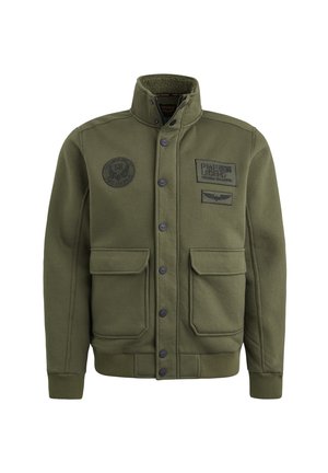 Olive green jacket featuring a high collar, two front pockets, and embroidered patches. Made from soft fabric with ribbed cuffs and hem.