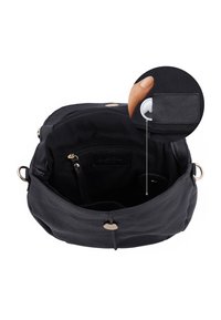 Black leather handbag open to show interior pocket with zipper and a close-up of a hidden white circular device inside a small pocket.