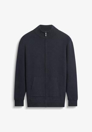 Felpa zip-up blu navy realizzata in tessuto morbido, con colletto alto, maniche lunghe, due tasche frontali e polsini e orlo a coste.