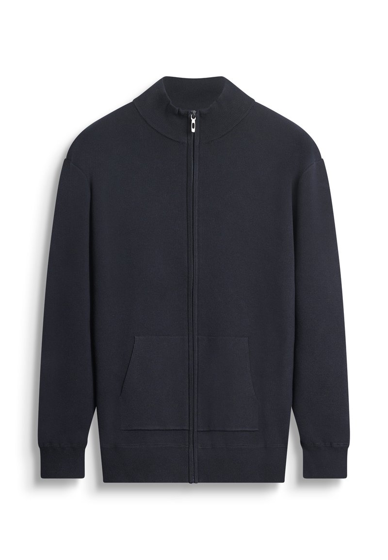 Felpa zip-up blu navy realizzata in tessuto morbido, con colletto alto, maniche lunghe, due tasche frontali e polsini e orlo a coste.