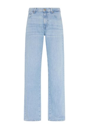 Light blue denim wide-leg jeans with a high waist, five pockets, and standard button closure. Smooth texture with subtle fading details.