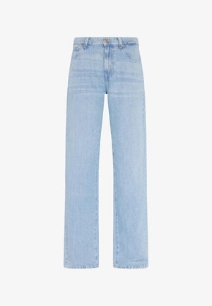 Light blue denim wide-leg jeans with a high waist, five pockets, and standard button closure. Smooth texture with subtle fading details.