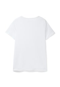 En plain vit kortärmad t-shirt med rund halsringning, liggande plant och visar baksidan på en vit bakgrund.