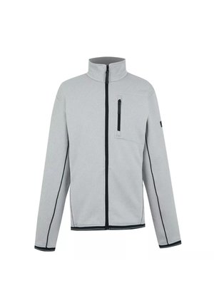 Chaqueta gris claro con cremallera completa, cuello alto, cremallera negra, cremallera en el bolsillo del pecho y detalles en negro en las mangas y el dobladillo.