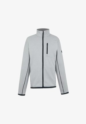 Chaqueta gris claro con cremallera completa, cuello alto, cremallera negra, cremallera en el bolsillo del pecho y detalles en negro en las mangas y el dobladillo.