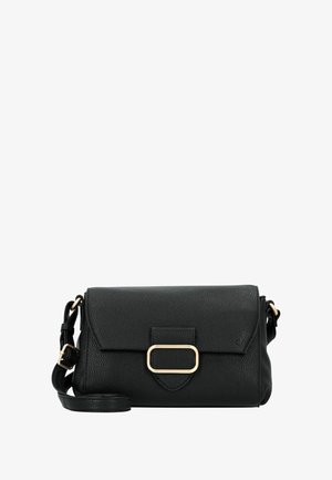 Sac en cuir noir à bandoulière avec une finition texturée, un fermoir rabat et des accents en métal doré. Équipé d'une sangle ajustable.