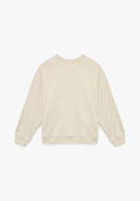 Sudadera beige, tela ligera, mangas raglán, cuello redondo, puños y dobladillo acanalados, textura suave, diseño sencillo, sin marcas visibles.