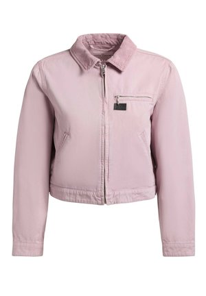 Hellrosa kurz geschnittene Jacke mit Reißverschluss vorne, Cordkragen, Reißverschluss-Brusttasche und zwei schräg angesetzten Seitentaschen.