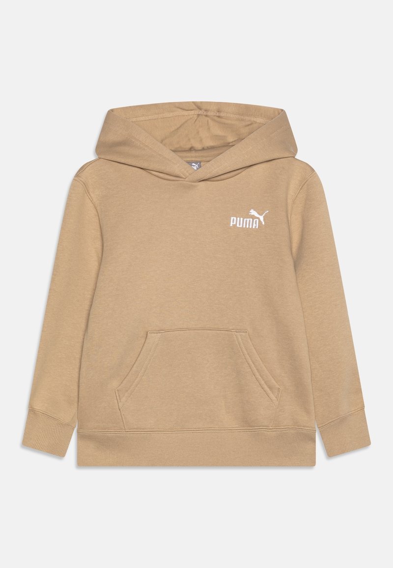 Sudadera beige hecha de una mezcla de algodón, con un bolsillo tipo canguro, puños acanalados y un logo blanco de Puma en el pecho. Textura suave.