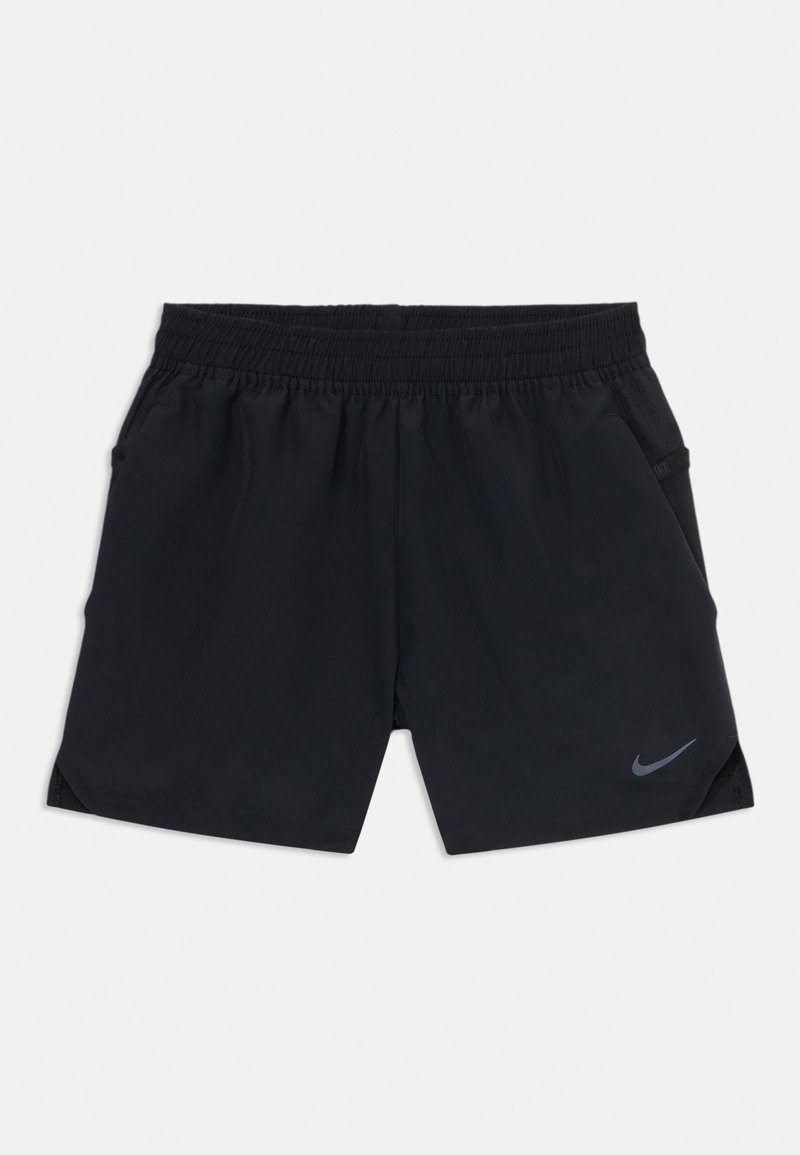 Svarta sportshorts med elastisk midja, sidfickor och en subtil Nike-swoosh-logotyp i grått. Lättvikts, slät tyg.