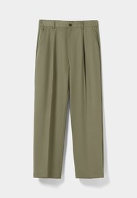 Olivově zelené kalhoty s rovnými nohavicemi, jedním knoflíkovým zapínáním a dvěma předními kapsami s hladkou texturou.