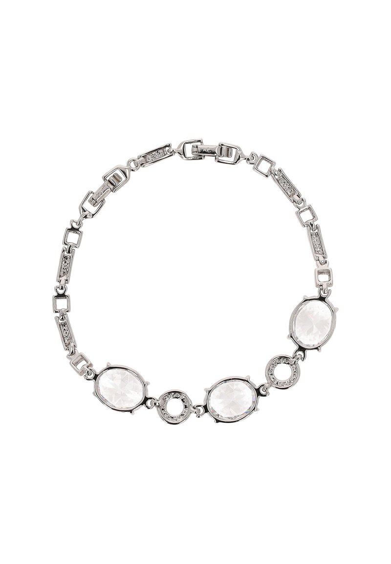 Hopeaketju, jossa on soikeita ja pyöreitä kirkkaista jalokivistä koostuvia osia, joiden välissä on teksturoituja linkkejä ja kiinnityssolki.