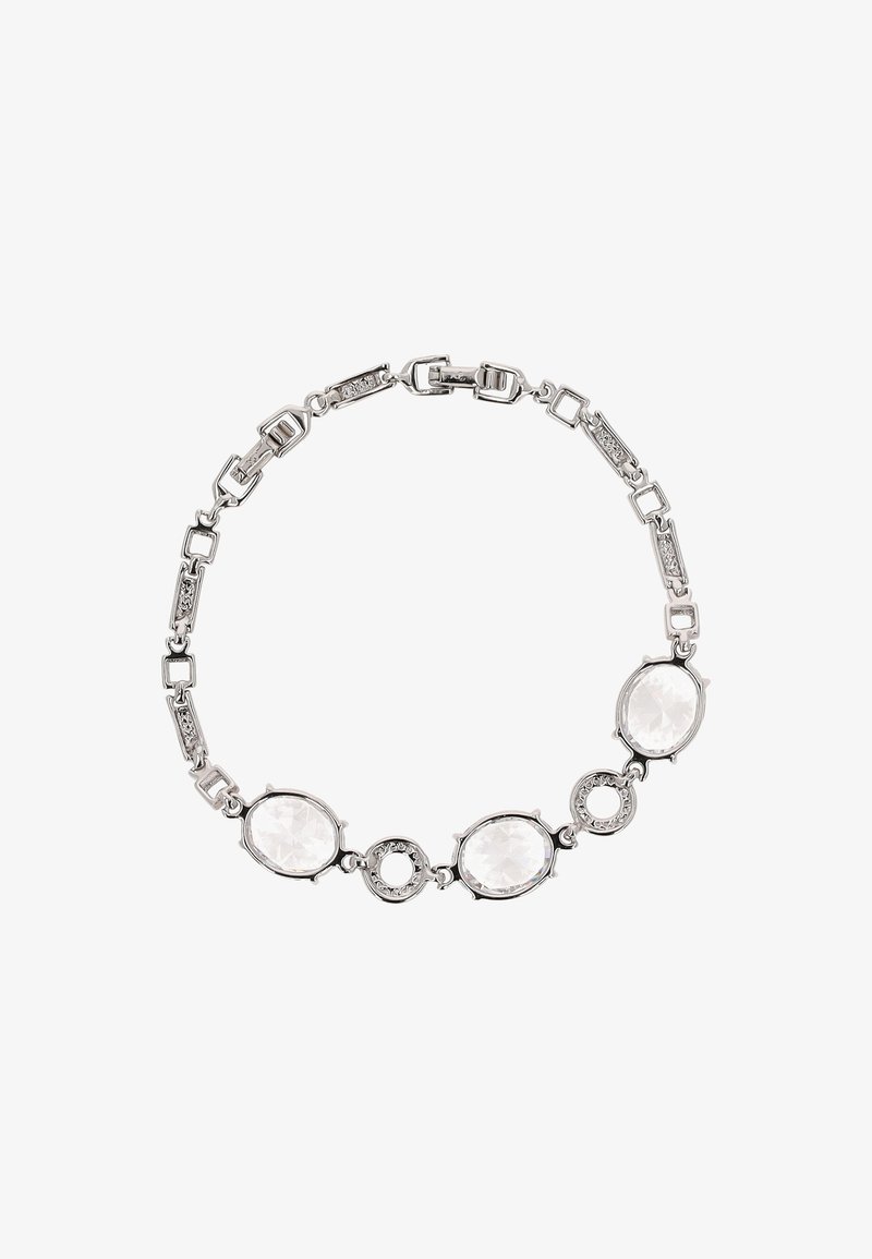 Hopeaketju, jossa on soikeita ja pyöreitä kirkkaista jalokivistä koostuvia osia, joiden välissä on teksturoituja linkkejä ja kiinnityssolki.