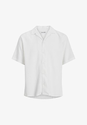 White short-sleeve shirt with a subtle ribbed texture, a notched collar, and a front button closure. Straight hem and relaxed fit.